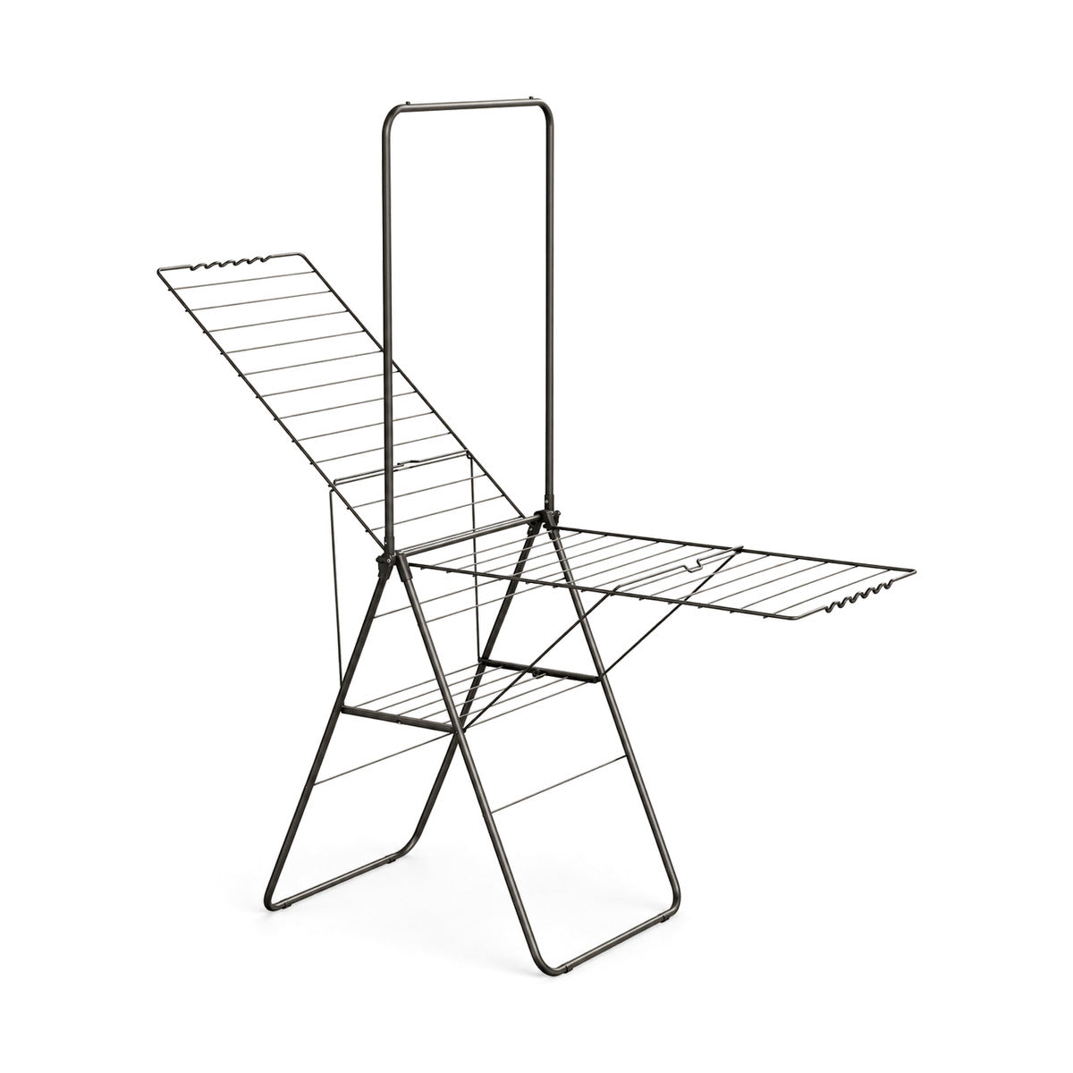Séchoir Aeriq Flex gris, déplié avec deux ailes et haute tringle à cintres