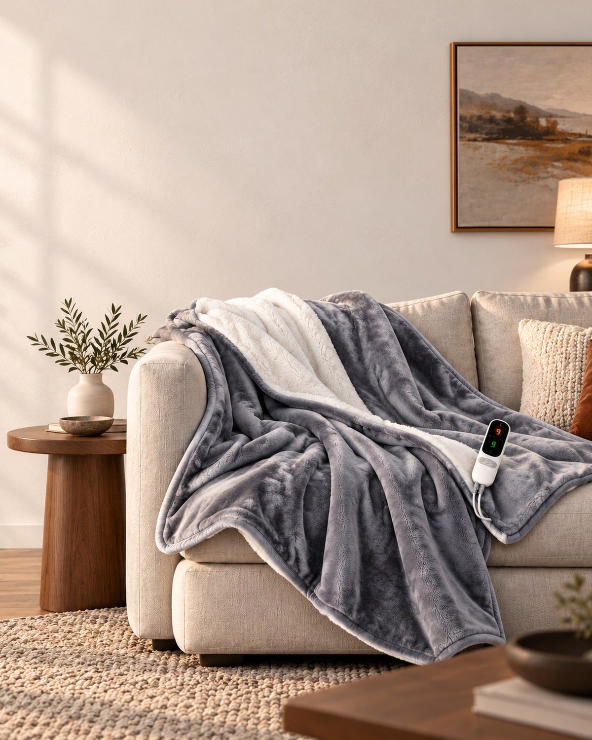Couverture électrique PowerNap en gris avec commande sur un canapé en lin