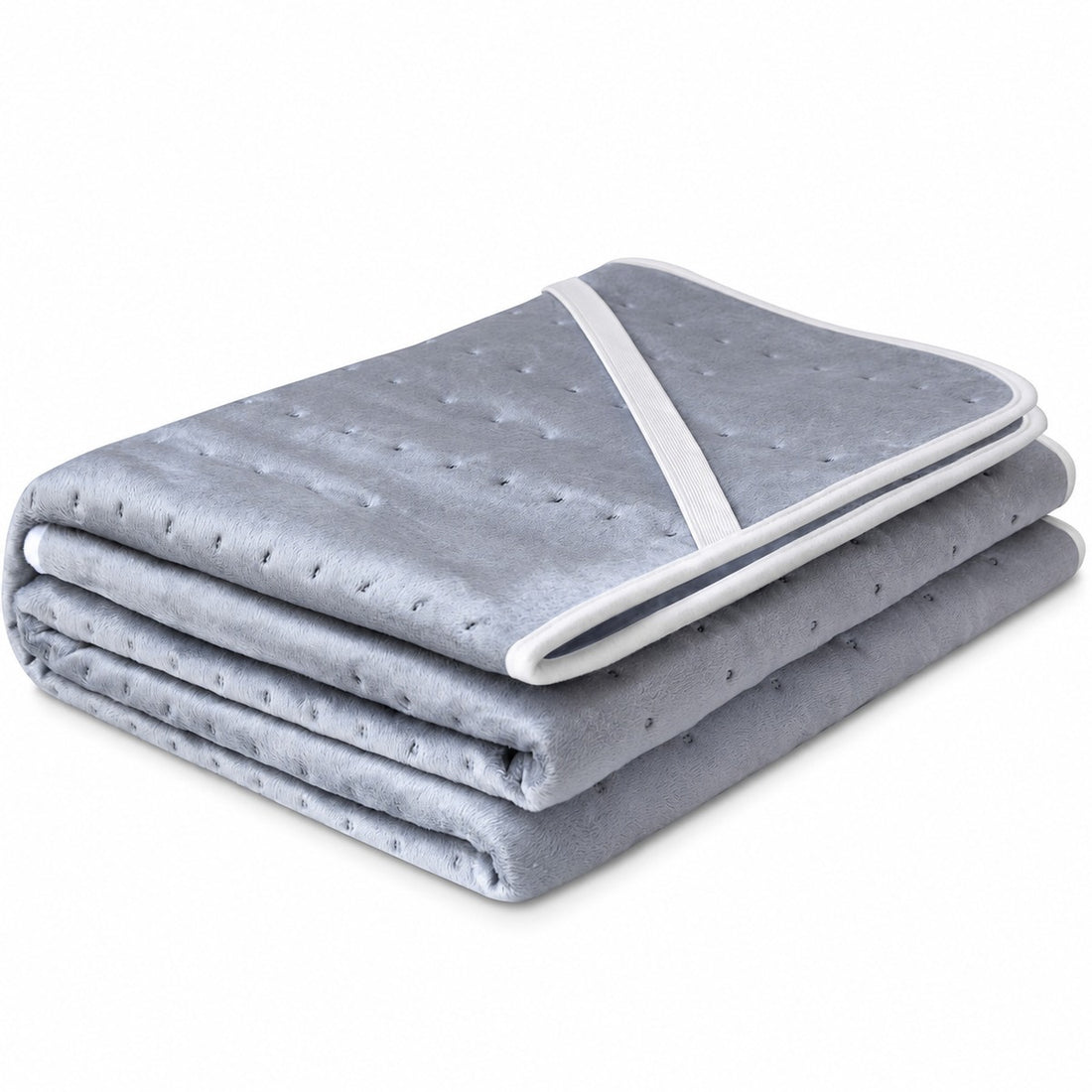 Sous-couverture électrique CozySnug en gris, pliée, avec bord et sangle blancs