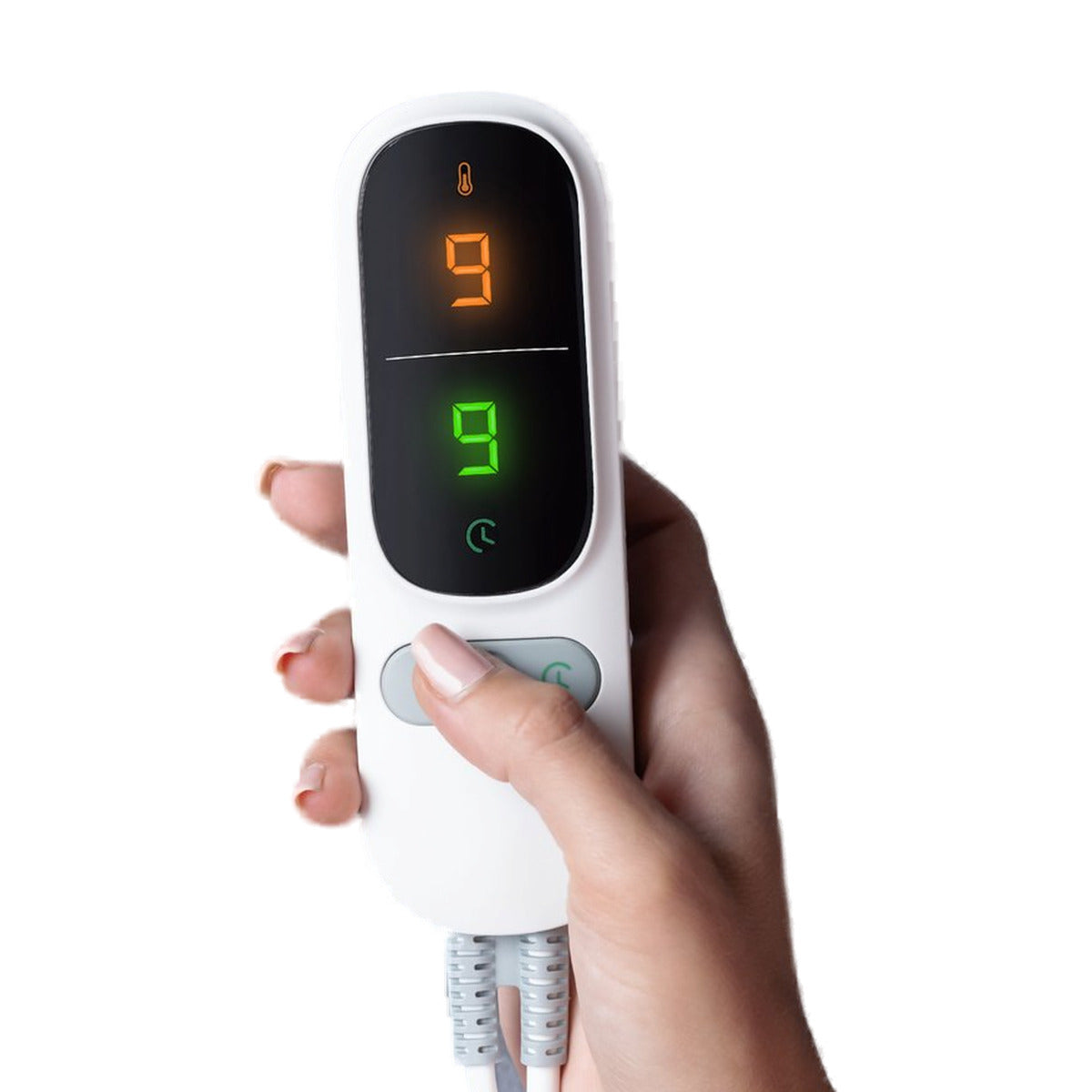 Commande de la couverture électrique PowerNap avec écran et boutons, dans la main