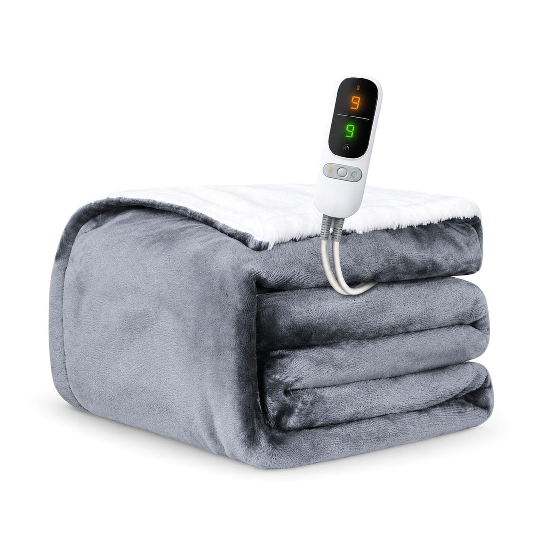 Couverture électrique PowerNap en gris, pliée, avec commande blanche