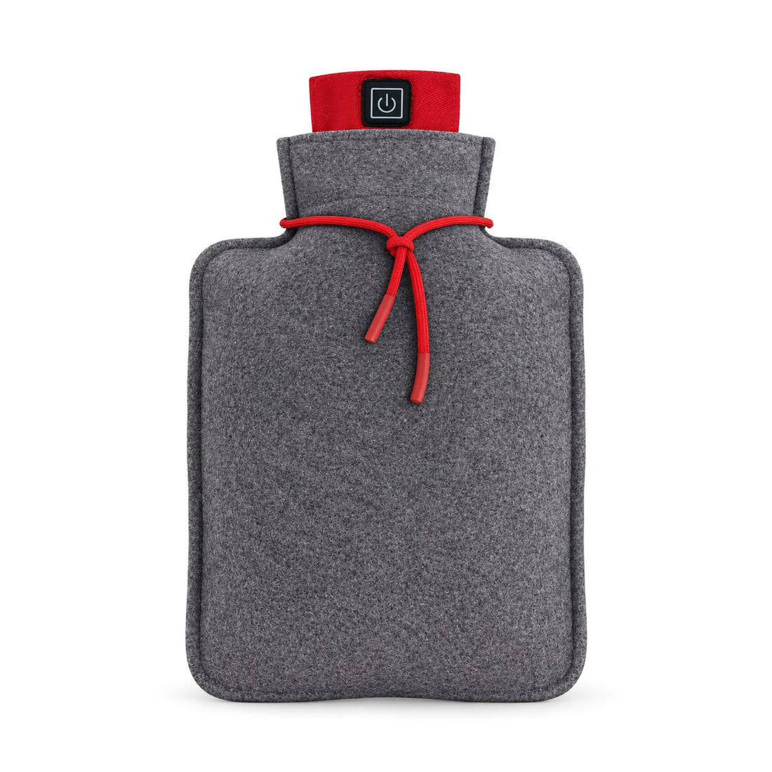 Bouillotte électrique Embera avec housse grise, cordon rouge et bouton de commande au goulot