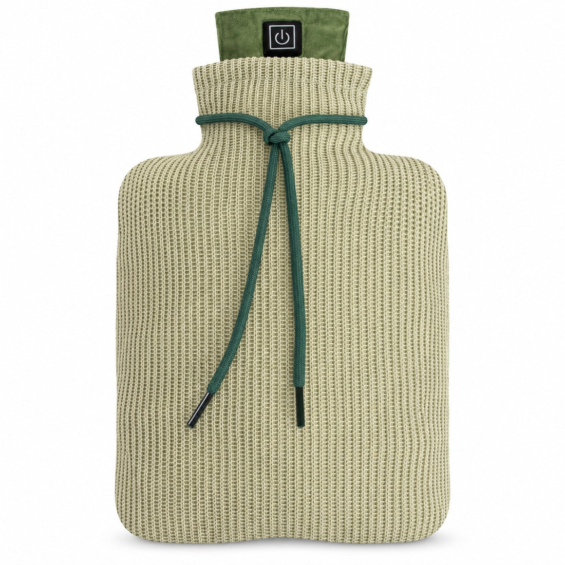 Bouillotte électrique Embera avec housse tricotée claire, cordon vert et bouton de commande au goulot