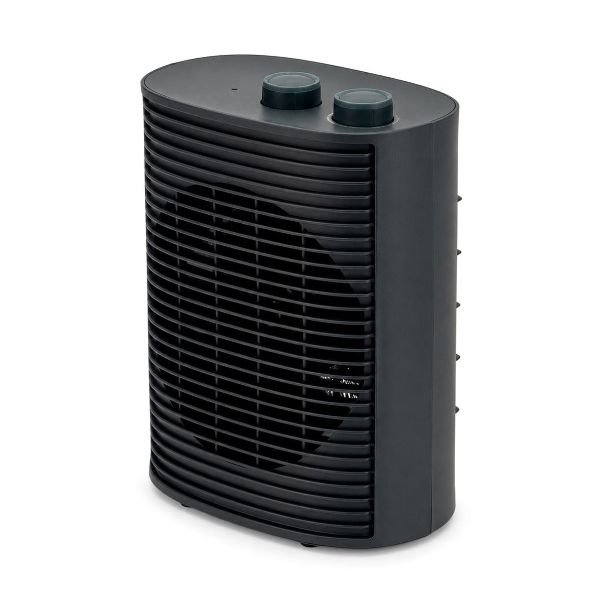 Chauffage soufflant Infernis gris foncé avec deux boutons rotatifs et grille, vu de trois quarts avant