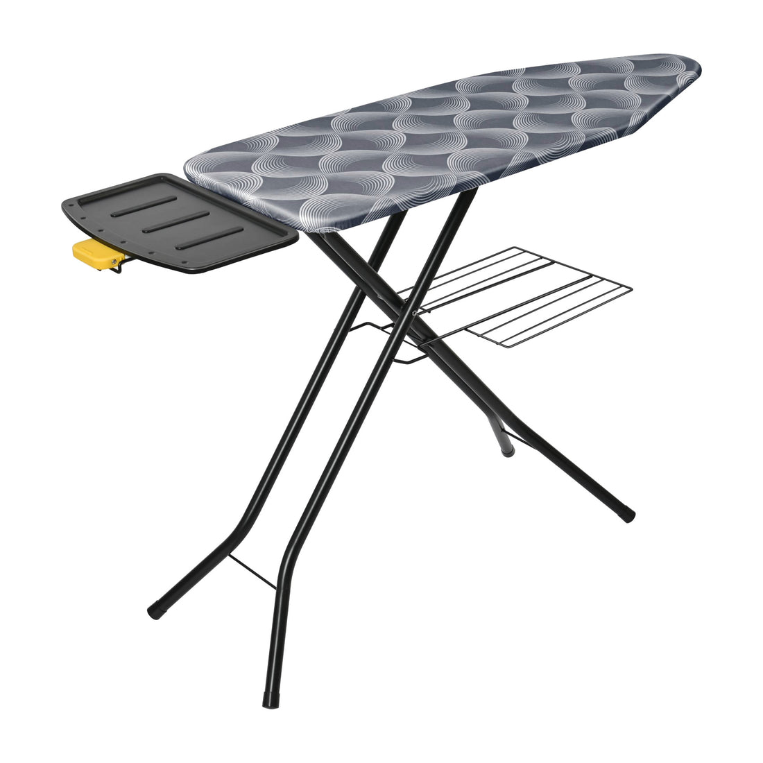 Planche à repasser Ironiq Pro X pour centrale vapeur en gris foncé, dépliée avec support pour l'unité vapeur et grille pliable