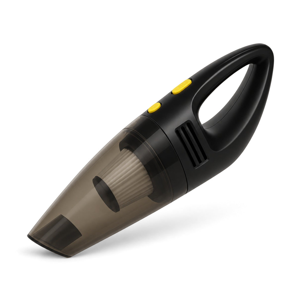 Aspirateur à miettes Meteor noir avec boutons jaunes et réservoir à poussière transparent