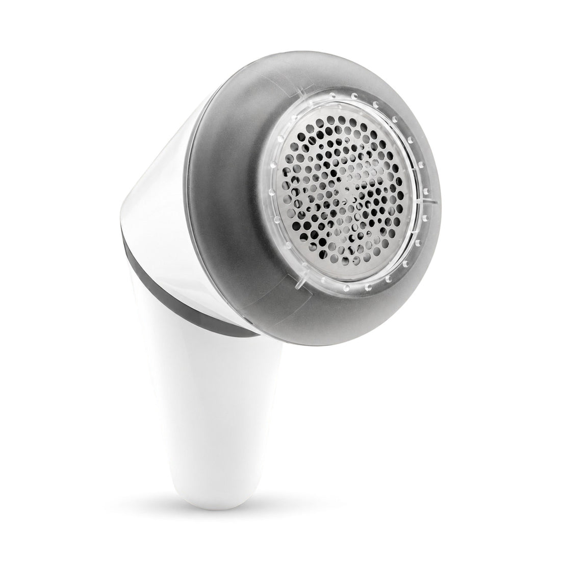 Lint Pro pluizentondeuse in wit met ronde metalen scheerkop, schuin van voren