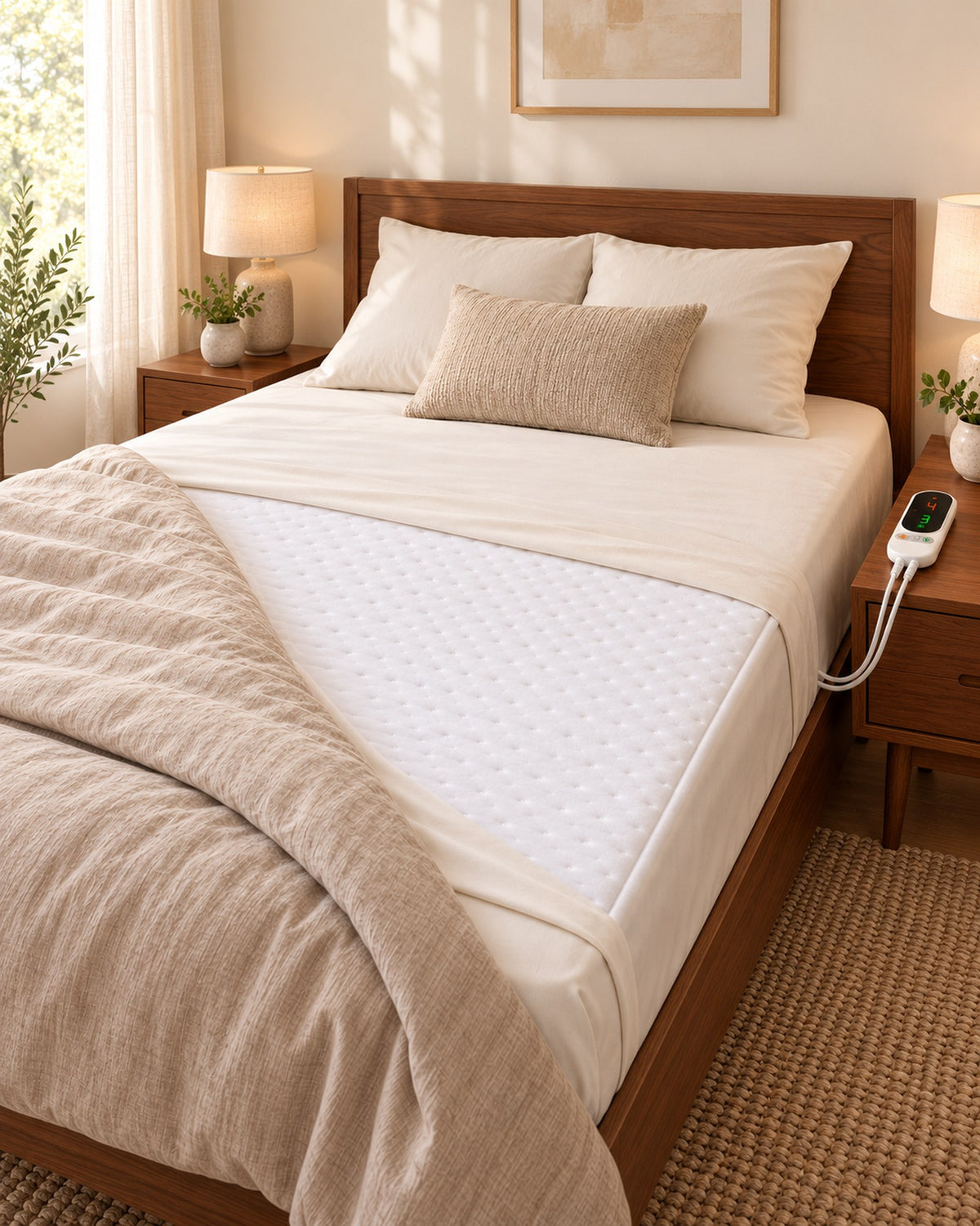 Sous-couverture électrique DualZone blanche sur un lit une place, avec commande à côté