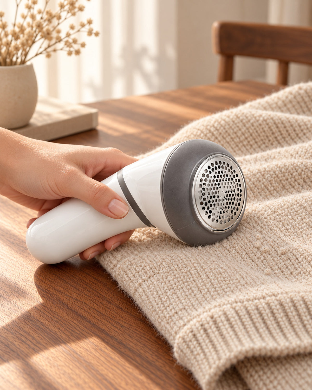 Rasoir anti-bouloches Lint Pro dans la main contre un pull en maille beige