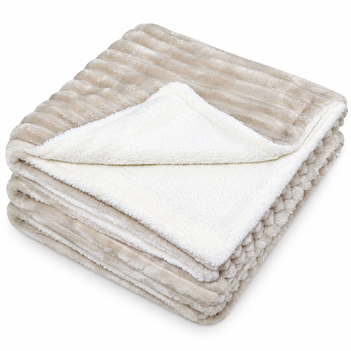 Couverture électrique PowerNap Sherpa en beige, pliée, avec intérieur sherpa blanc