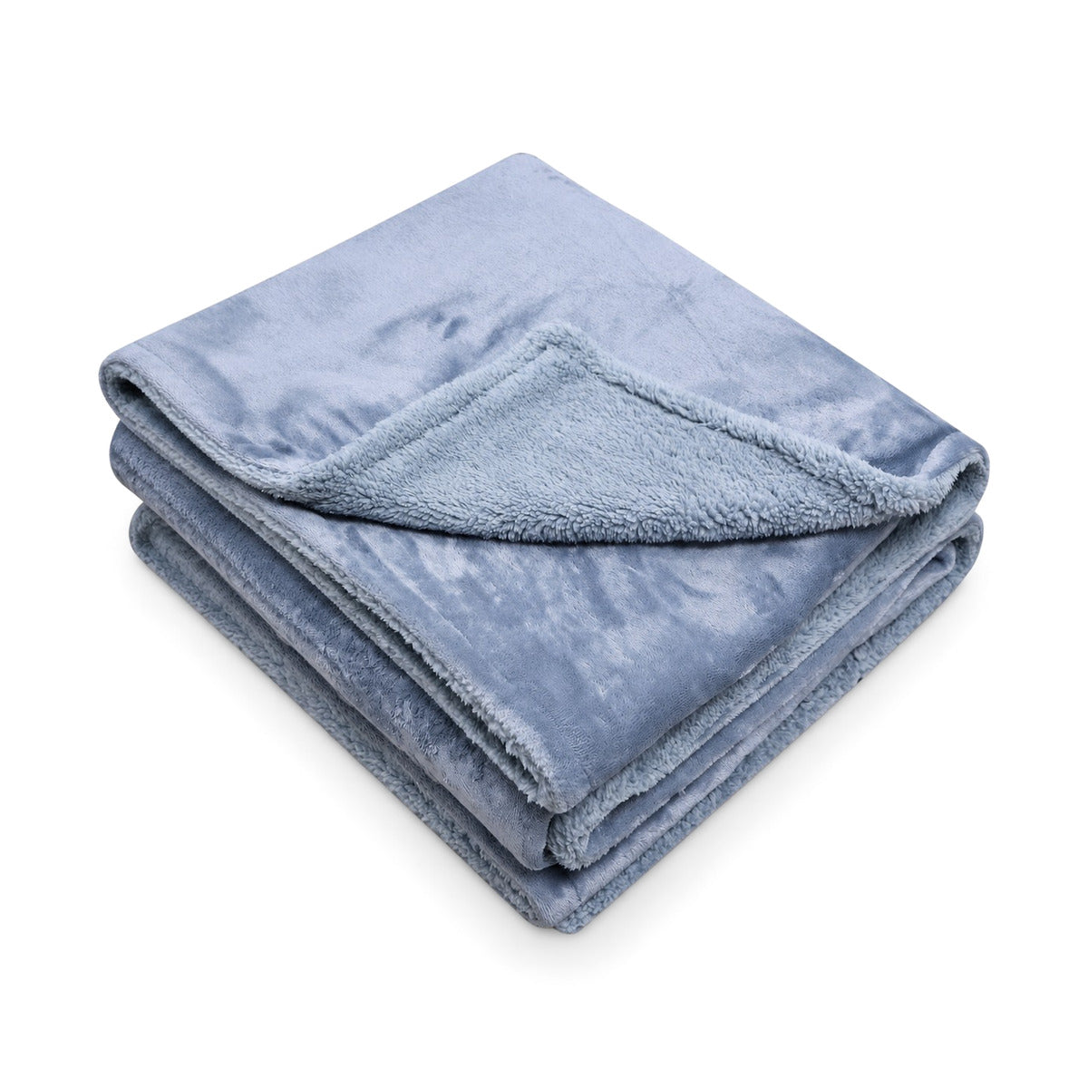 Couverture électrique PowerNap Sherpa en bleu-gris, pliée, avec intérieur sherpa