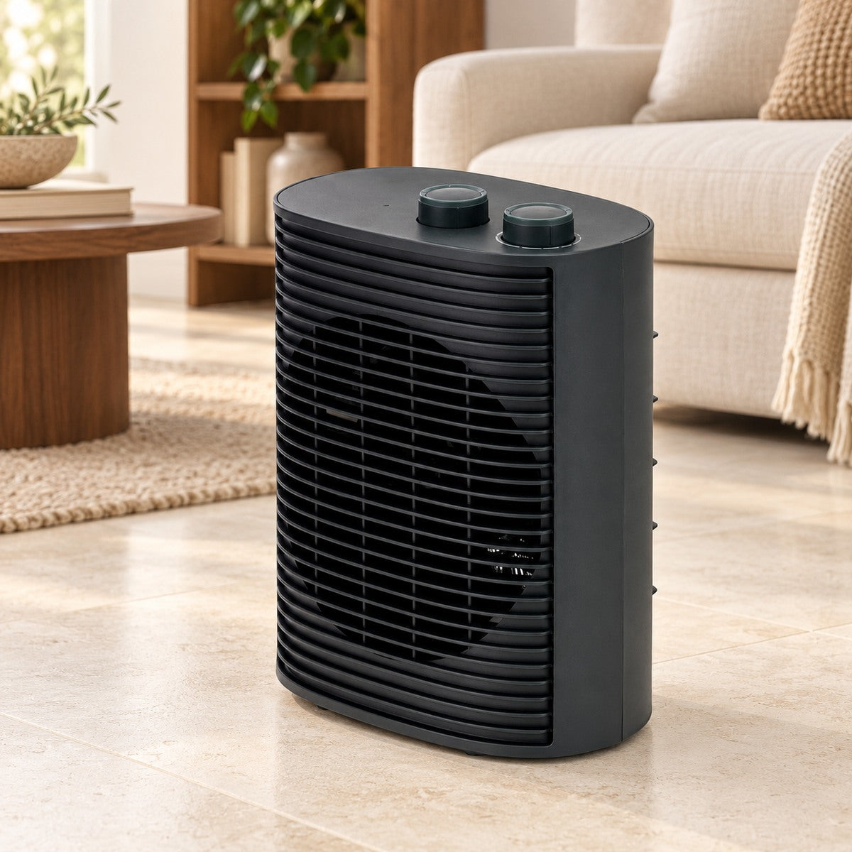 Donkergrijze ventilatorkachel op een stenen vloer in een lichte kamer.