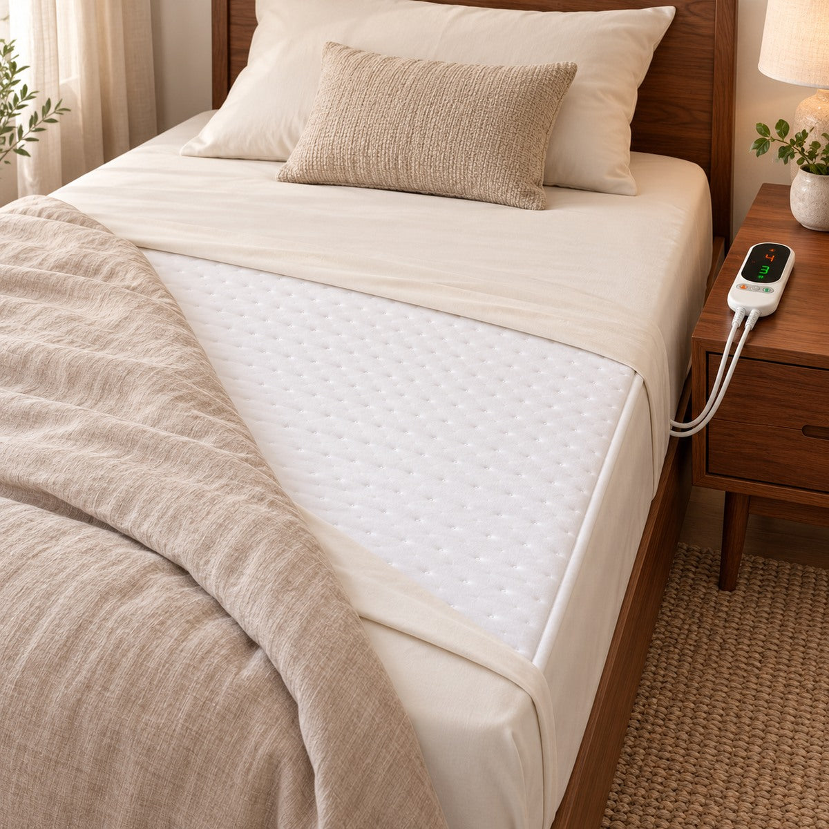 Sous-couverture électrique blanche sur un lit une place avec commande à côté.