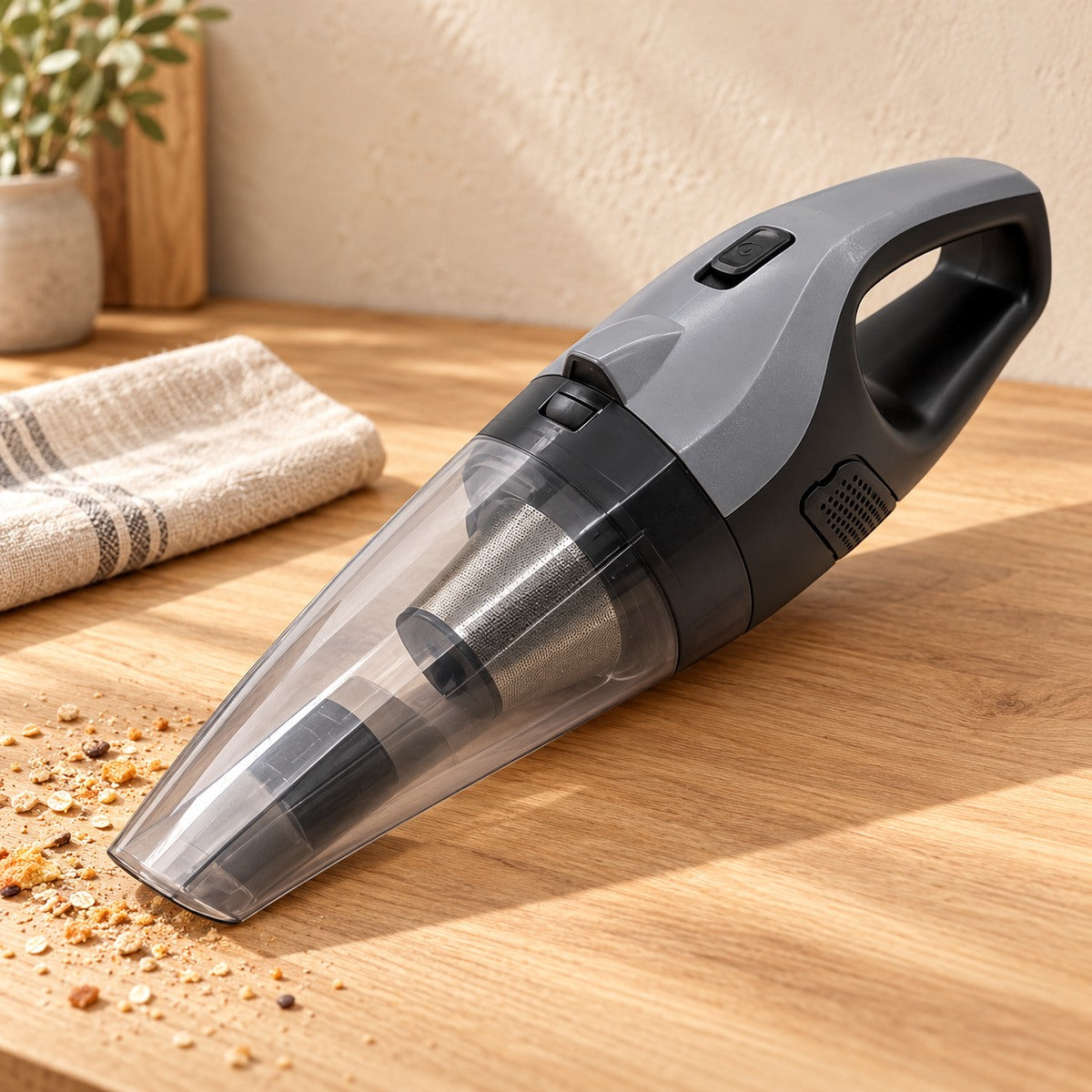 Aspirateur à miettes gris avec réservoir à poussière transparent sur une table en bois.