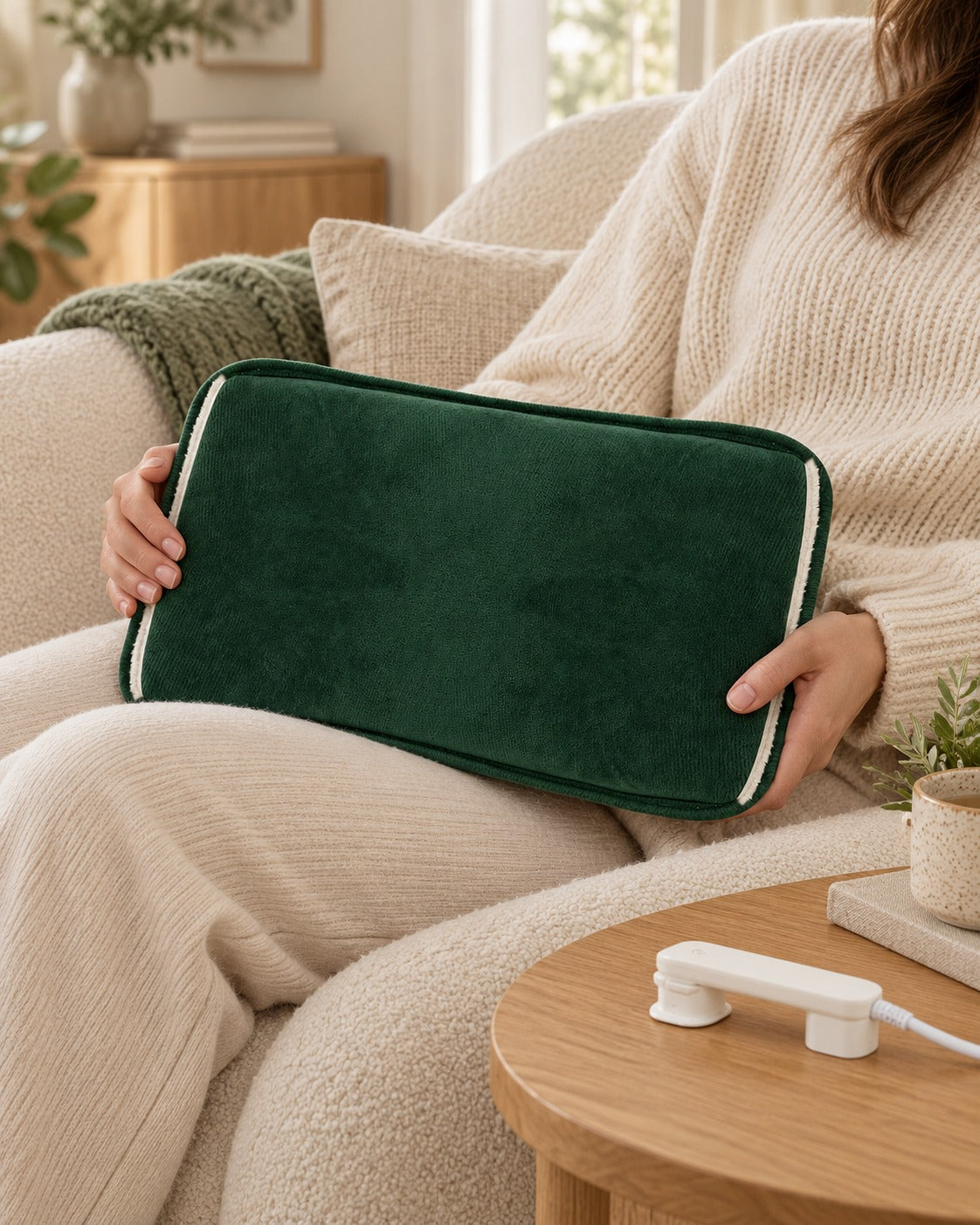 Bouillotte Aura en vert foncé sur les genoux, avec le chargeur débranché sur la table d'appoint