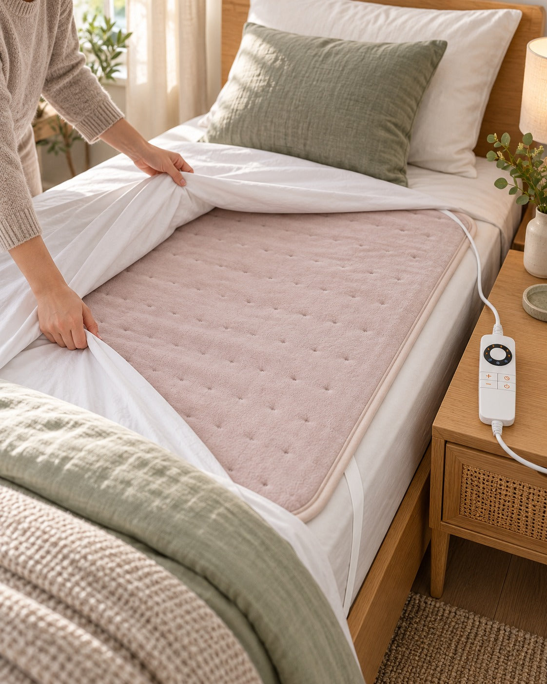 Alèse chauffante 1 place CozySnug en dusty pink sous un drap-housse blanc