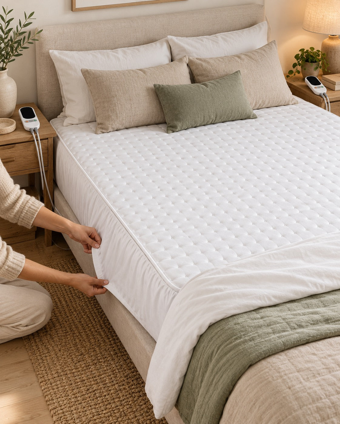 Alèse chauffante 2 places DualZone en modèle drap-housse autour d'un matelas, avec deux commandes