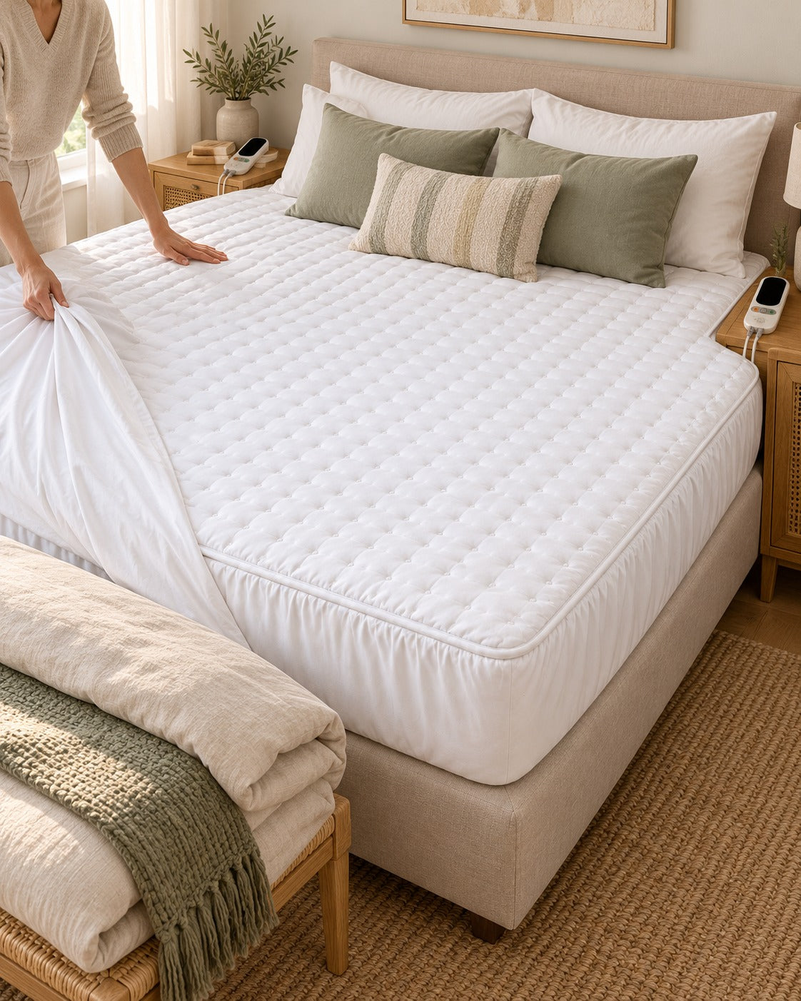 Alèse chauffante 2 places DualZone en modèle drap-housse sur un grand lit, avec deux commandes