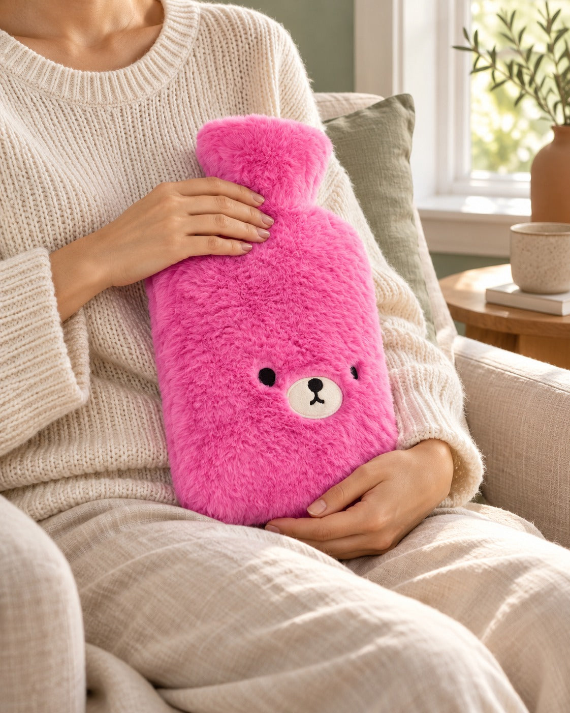 Bouillotte FuzzyBear avec housse ourson rose sur les genoux