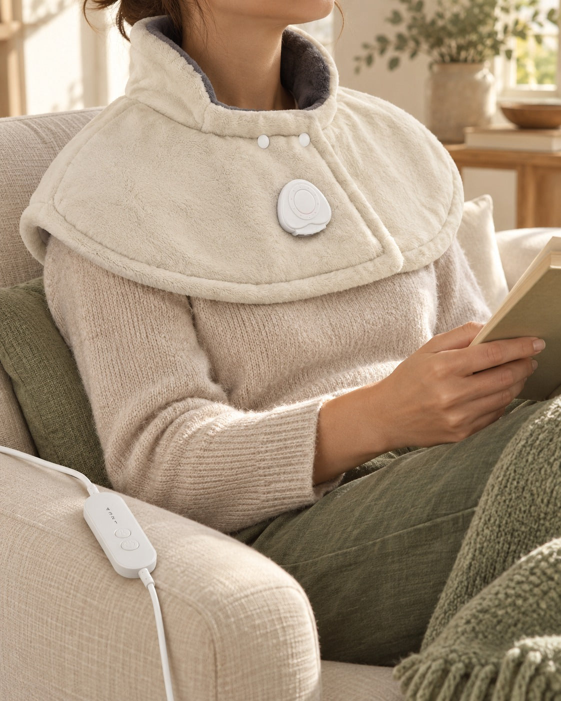 Coussin chauffant HeatHalo en crème autour de la nuque et des épaules pendant la lecture