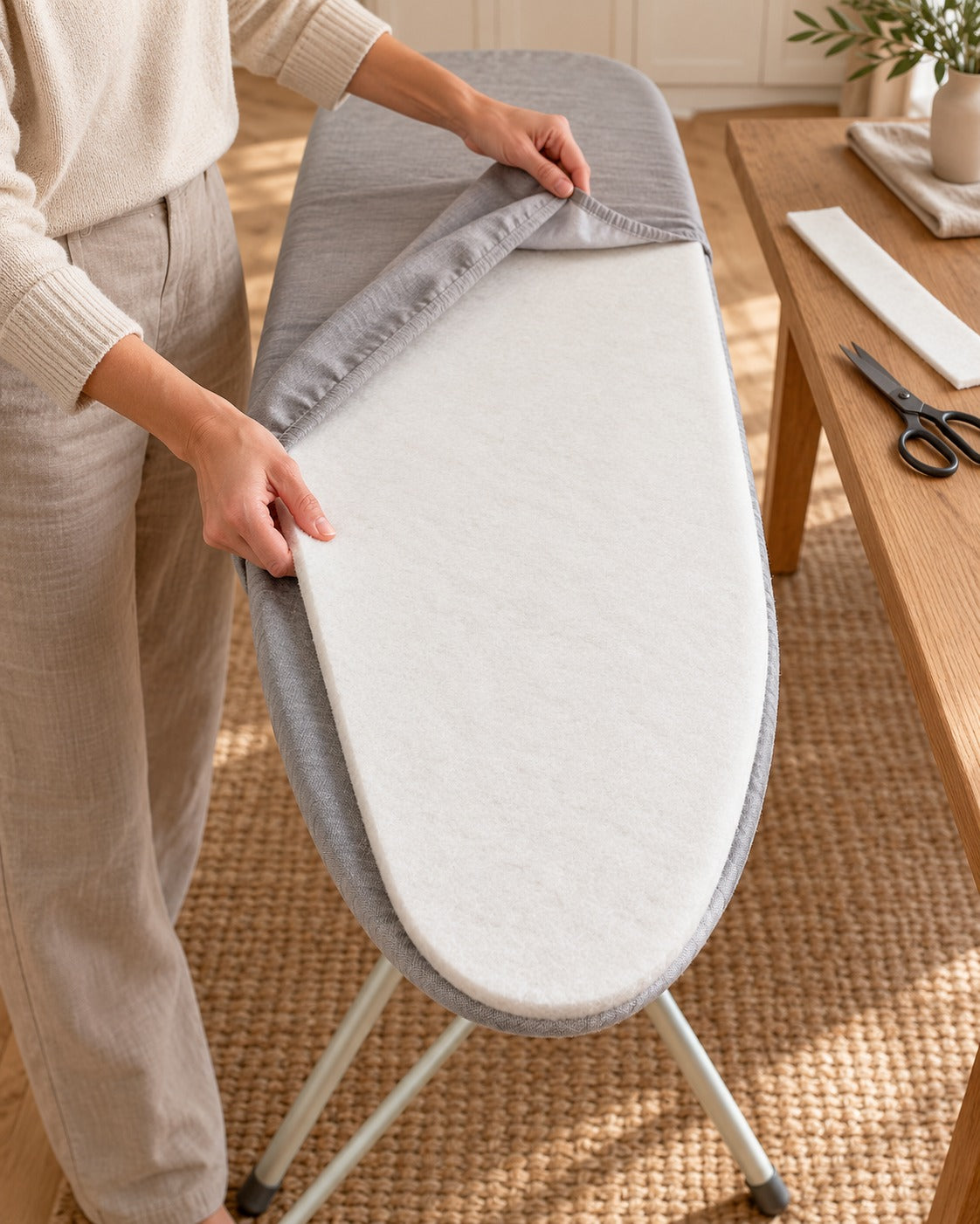 Ironiq Pad, couche de feutre blanche sous une housse de planche à repasser soulevée