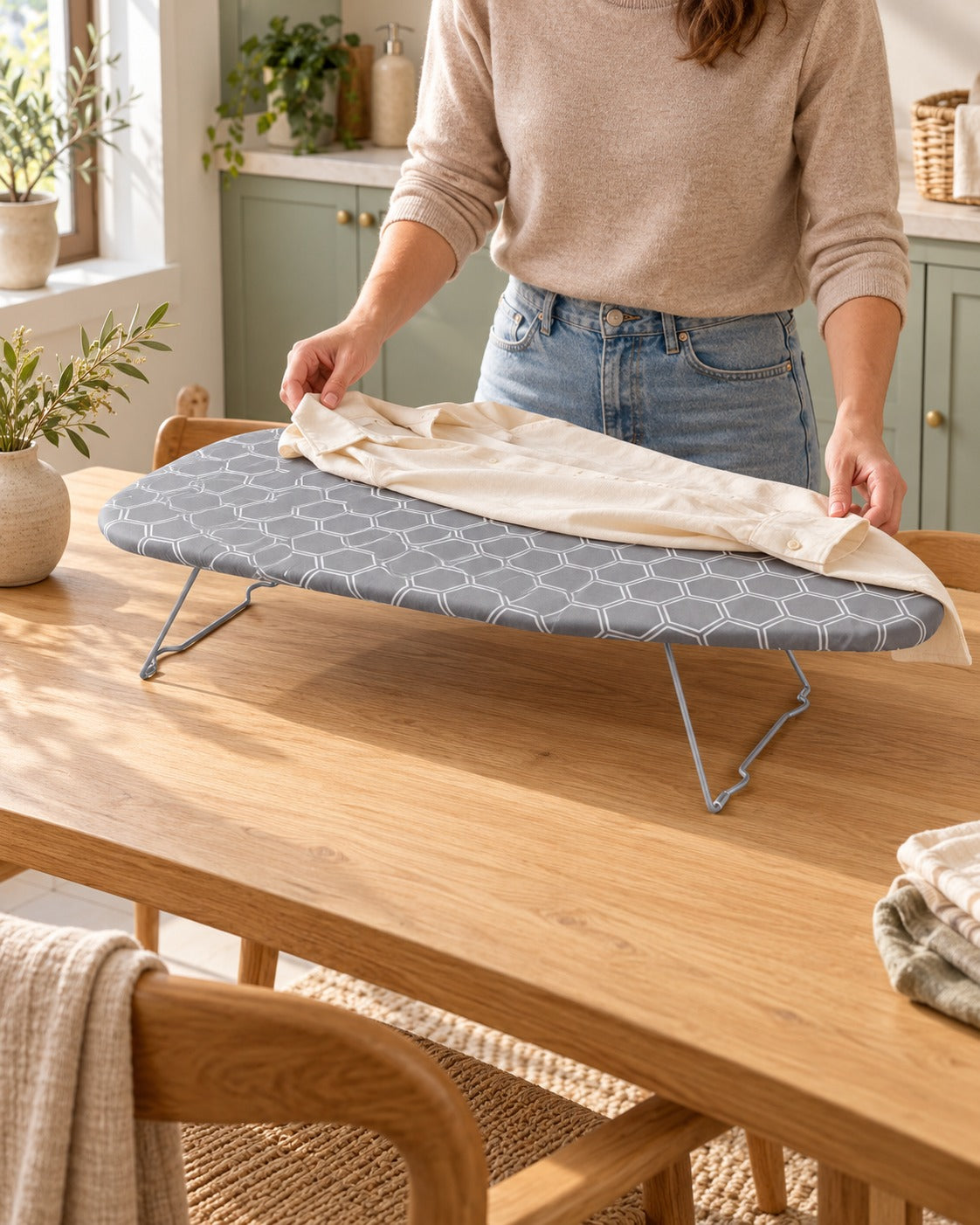 Planche à repasser de table Ironiq avec housse grise en nid d'abeille sur une table.