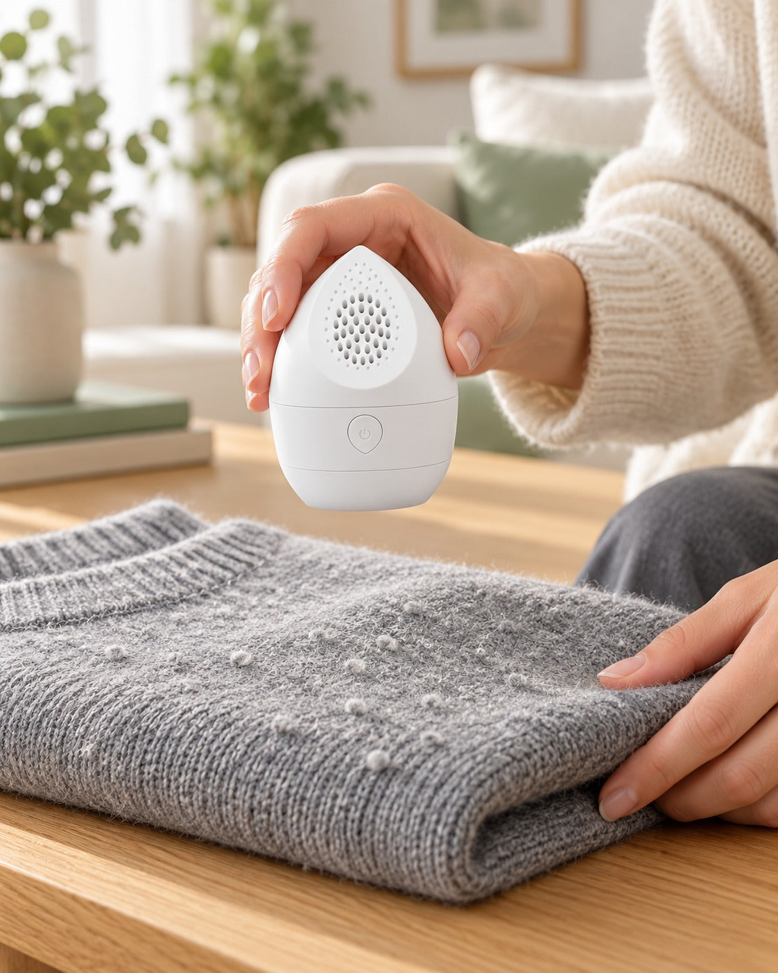 Lint Pro Mini saisi à côté d'un pull, en préparation du retrait des bouloches