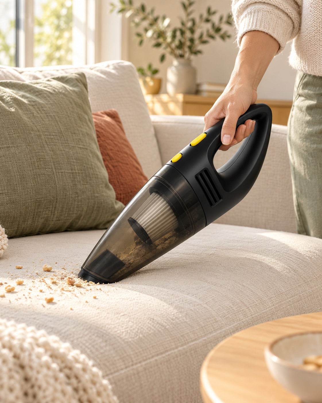 Aspirateur à miettes Meteor avec boutons jaunes utilisé sur un canapé