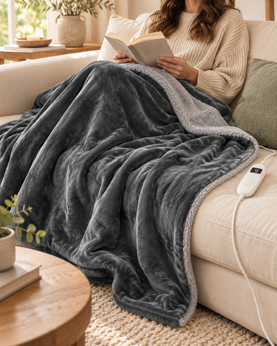 Plaid PowerNap Sherpa en anthracite sur les jambes pendant la lecture