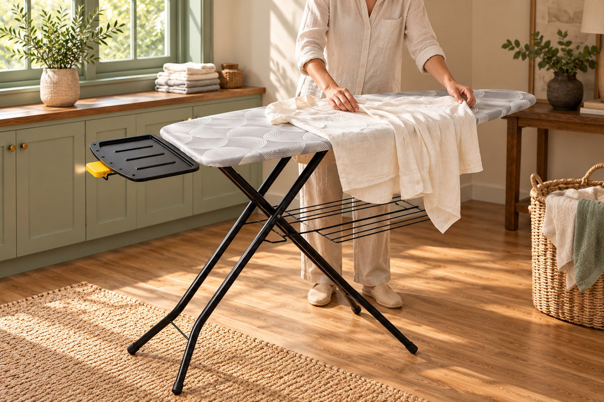 Une personne pose une chemise sur la planche à repasser Ironiq Pro X grise.