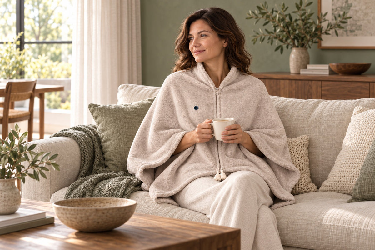 Femme en poncho polaire beige STAUS&BACH Solace avec une tasse de thé sur le canapé