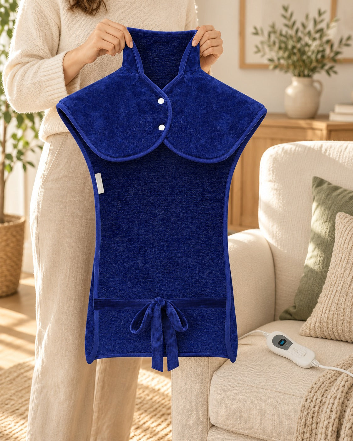 Coussin dorsal WarmWrap en bleu foncé, prêt à être mis