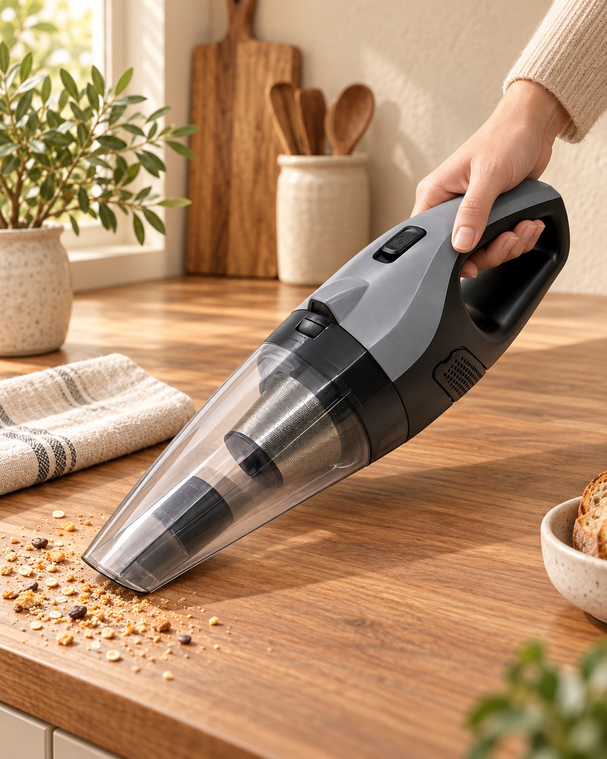 Une main utilise l'aspirateur à miettes SuperNova sur un plan de travail en bois.