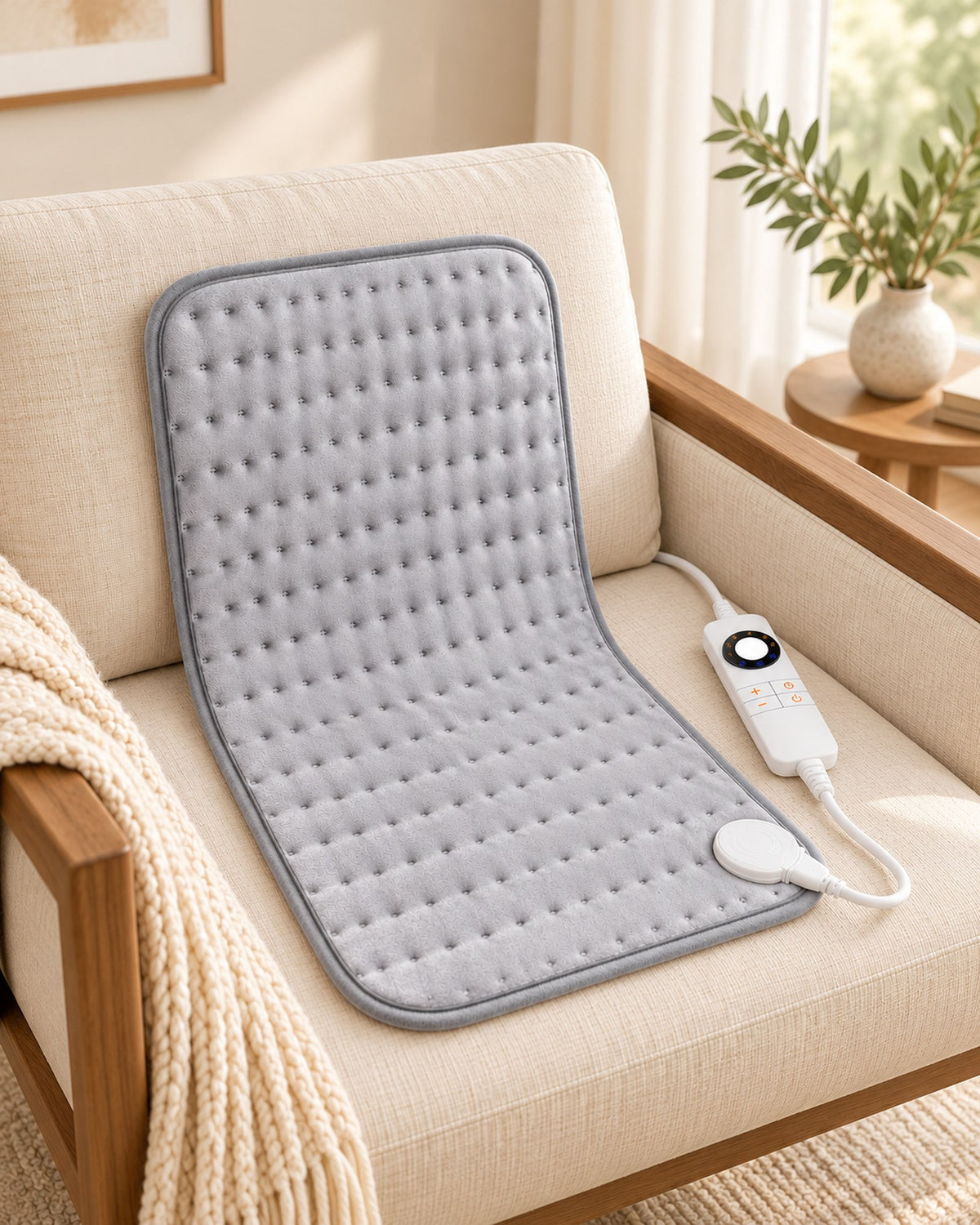 Coussin chauffant HeatMat gris avec commande sur un fauteuil en lin.