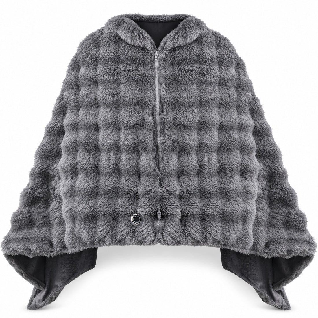 Poncho électrique Solace anthracite avec fermeture éclair, tissu côtelé et bouton de commande, vu de face