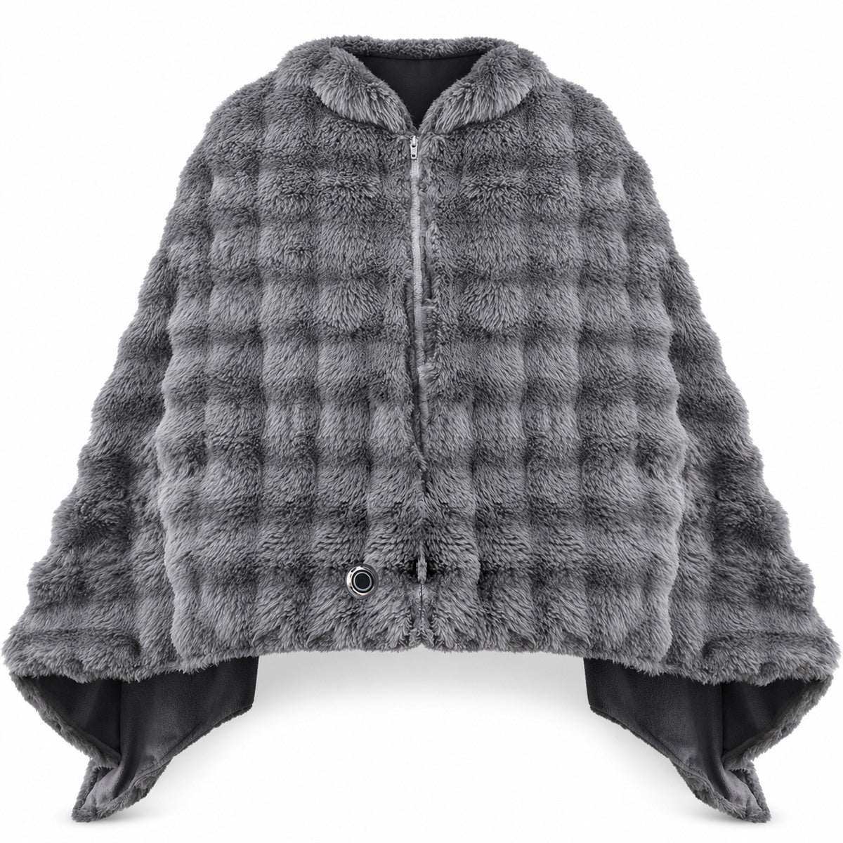 Poncho électrique Solace anthracite avec fermeture éclair, tissu côtelé et bouton de commande, vu de face