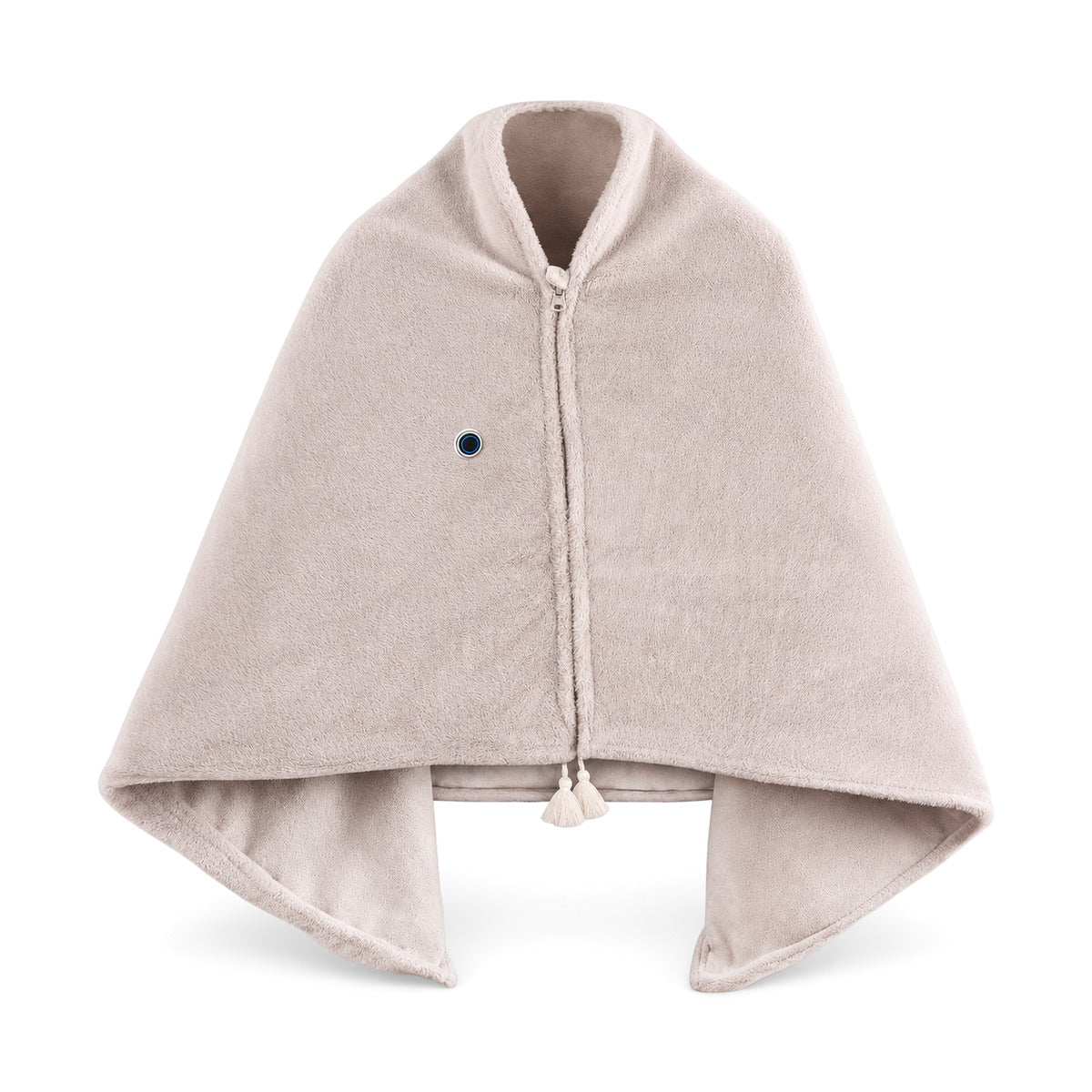 Poncho électrique Solace beige avec fermeture éclair et bouton de commande rond, vu de face