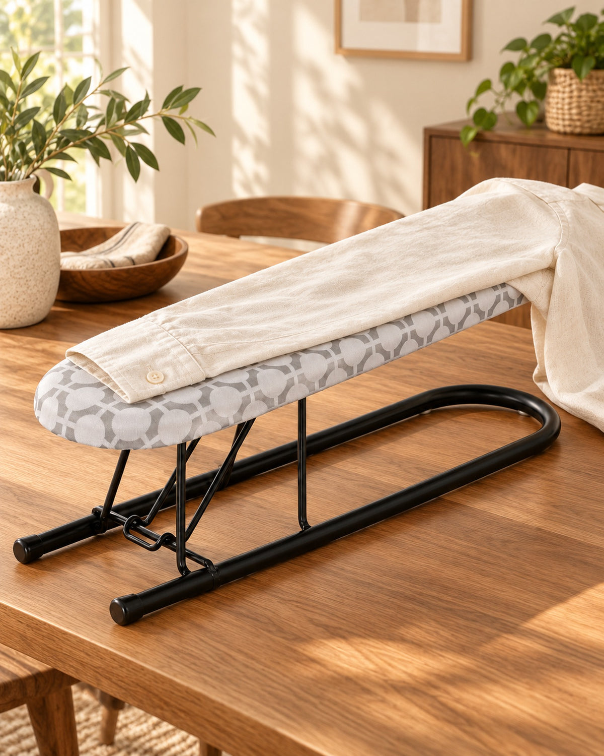 Planche à manches Ironiq Sleeve avec une manche de chemise blanche sur une table en bois