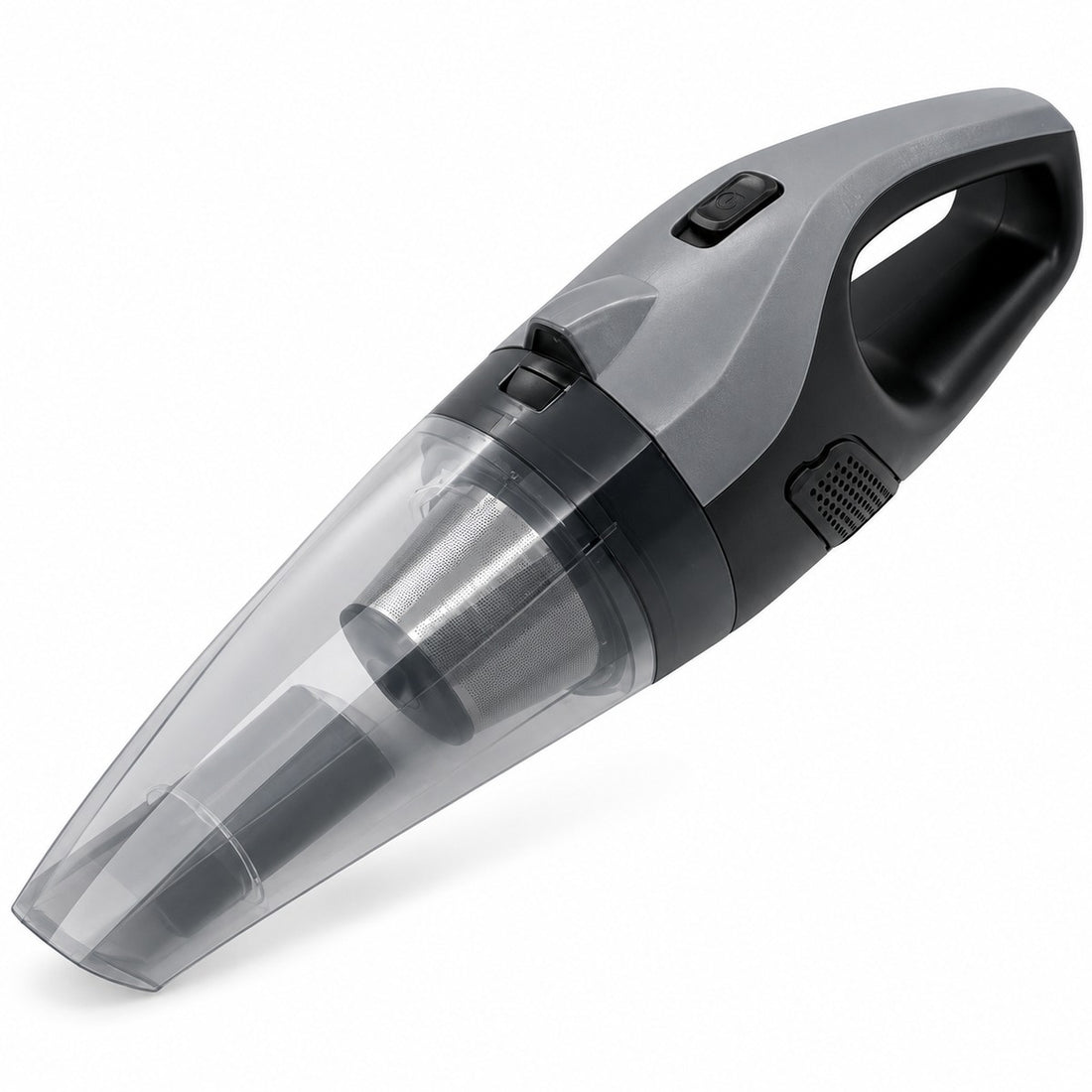 Aspirateur à miettes SuperNova gris avec réservoir à poussière transparent, vu de biais sur le côté