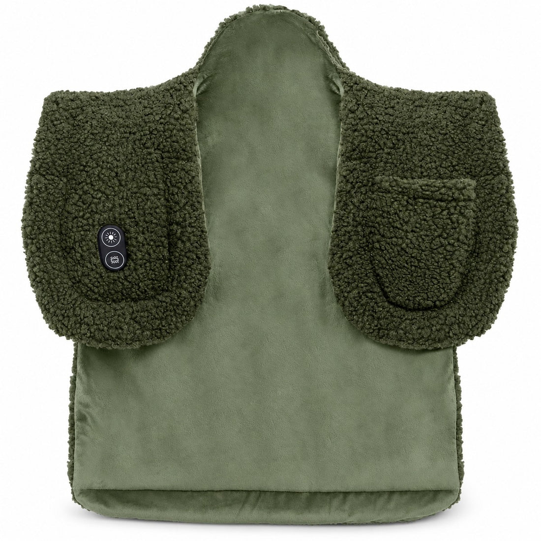Coussin chauffant Thera pour la nuque et les épaules en vert, avec rabats de col et boutons de commande