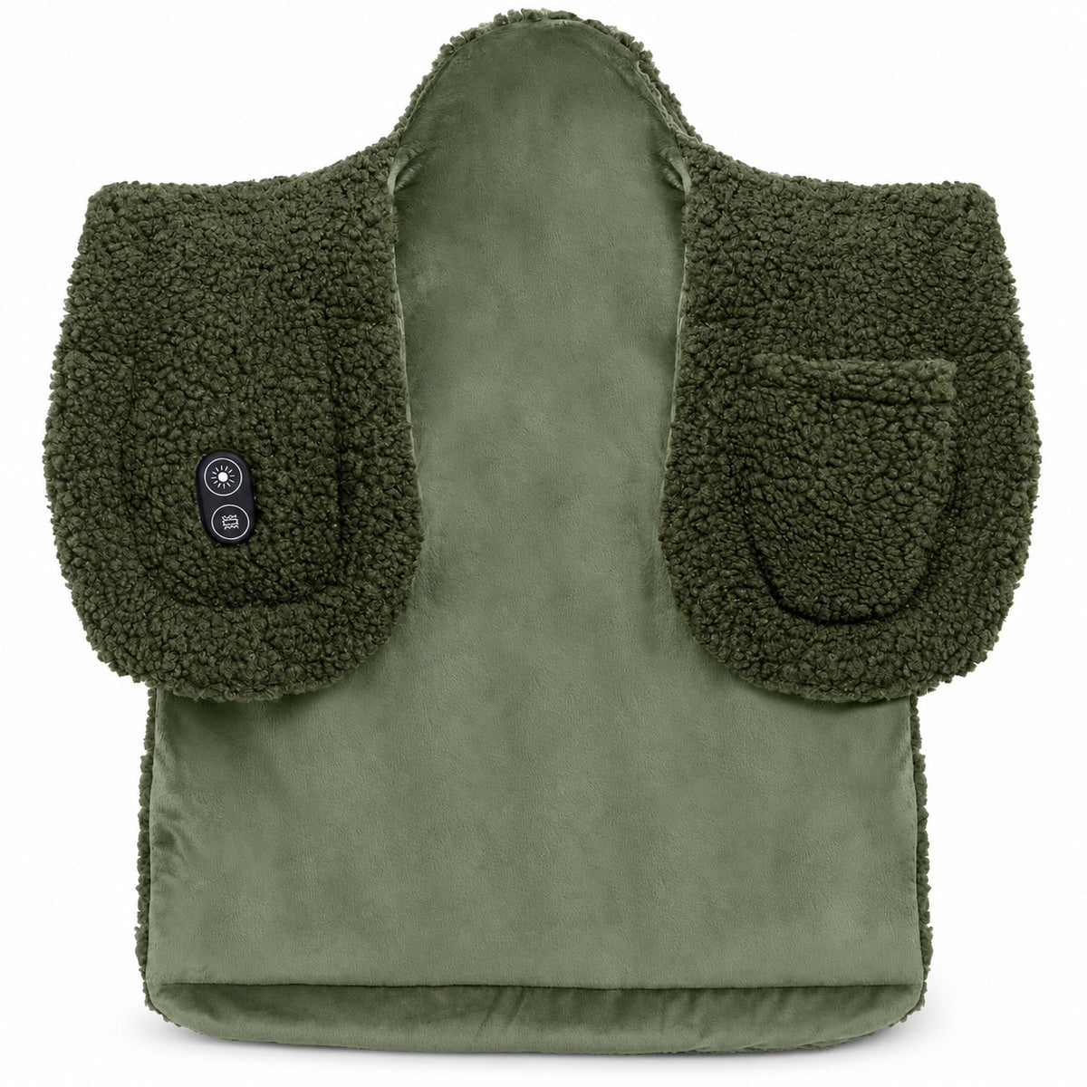 Coussin chauffant Thera pour la nuque et les épaules en vert, avec rabats de col et boutons de commande